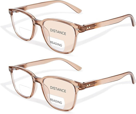 Bifocal Reading Glasses for Women, Blue Light Blocking Computer Readers with Spring Hinges, Retro Square Frame