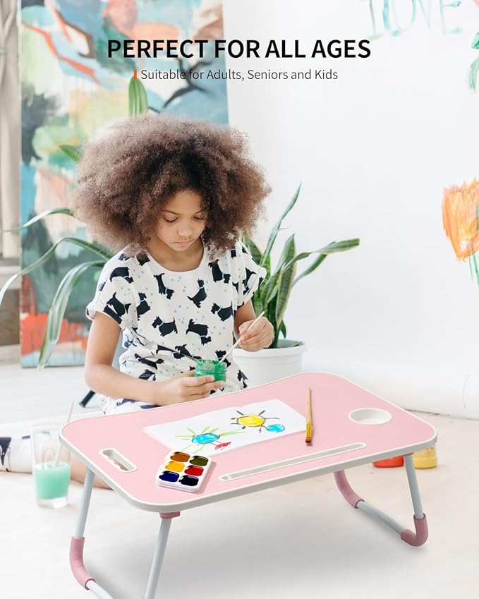 FISYOD Foldable Laptop Table, Portable Lap Desk Bed Table Tray, Laptop Stand with Cup Holder & Tablet Slot & Lifting Handle for Working Writing Drawing & Eating (Light Pink)