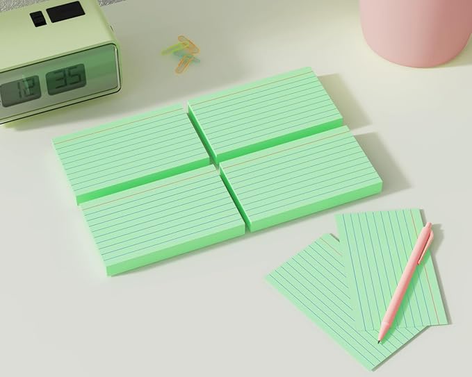 Green Index Cards 3x5, 200 Pack, Ruled Index Cards, Flash Cards for Studying, Heavy Note Cards for Office, Home and School, 4 Packs of 50