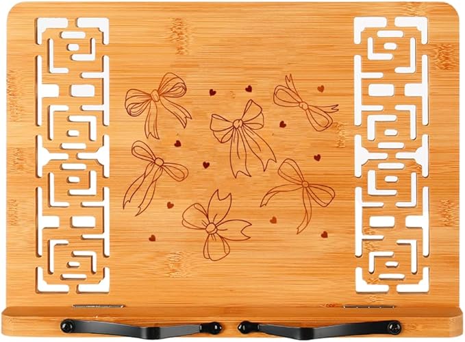 MEGREZ Book Stand for Reading (13.2 x 9.4 inch) Bamboo Cookbook Stand Holder for Kitchen, Adjustable Book Holder Stand for Tablet/Textbook Holder/Hollow Bookrest Stand, Bow