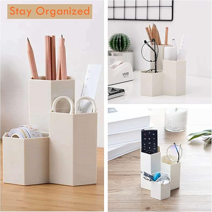 Pen Holder for Desk, White Pens Cup with 3 Compartment Small Desk Organizer Cute Pencil Holder for Office,School and Home (White, Triangular)