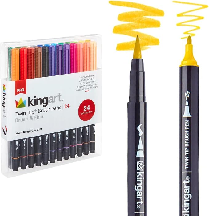 KINGART PRO 445-24 Dual Twin-Tip Brush Pens, Multicolor, 24-Colors