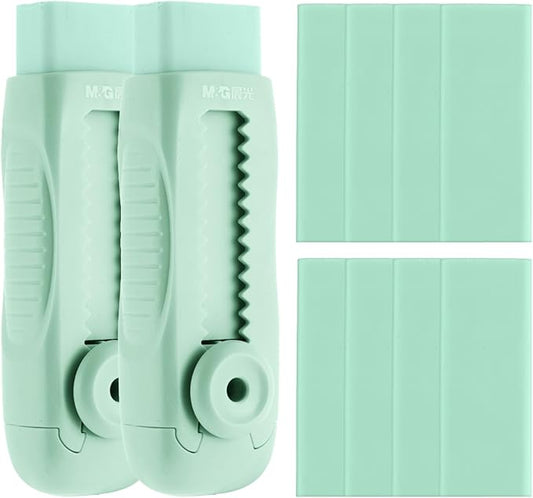 M&G 8+2 Pack Rubber Erasers Sliding Retractable Eraser, Soft Cute Erasers Push Pull Large Pencil Eraser with Plastic Sleeve 8 Refill Eraser for Students Kids, School Office Home Supplies (Green)