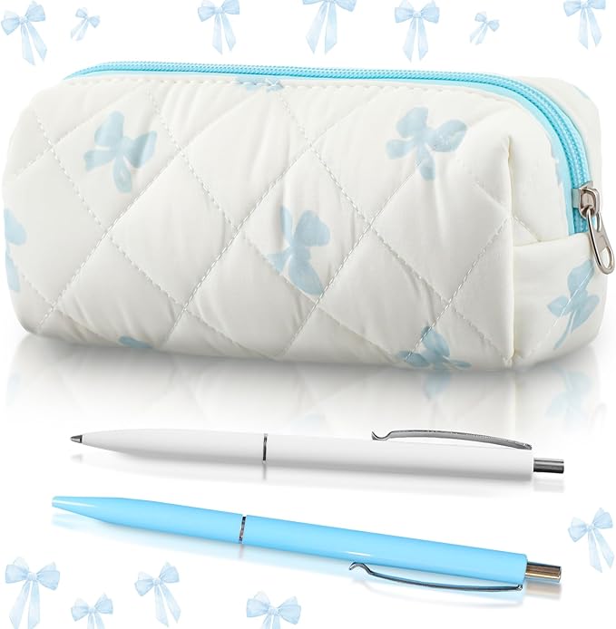 Sherr Coquette Bow Pencil Case Blue Bow Cute Pencil Pouch Soft Cotton Storage Bag Aesthetic Pattern Gift Makeup Pouch Cosmetic Bag for Women Adults