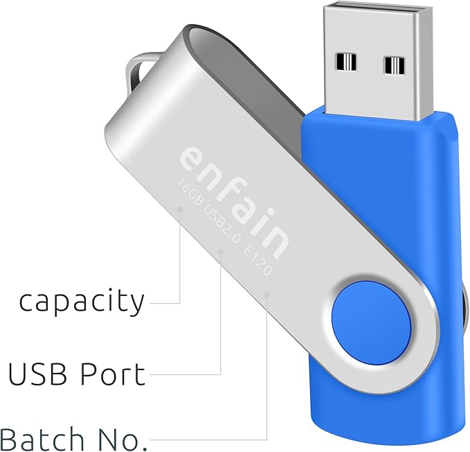 Elevate Your Data Storage with Enfain's 16GB USB 2.0 Flash Drives: 10 Pack of Stylish Blue Swivel Thumb Drives with LED Indicators and 12 White Labels for Easy Content Organization