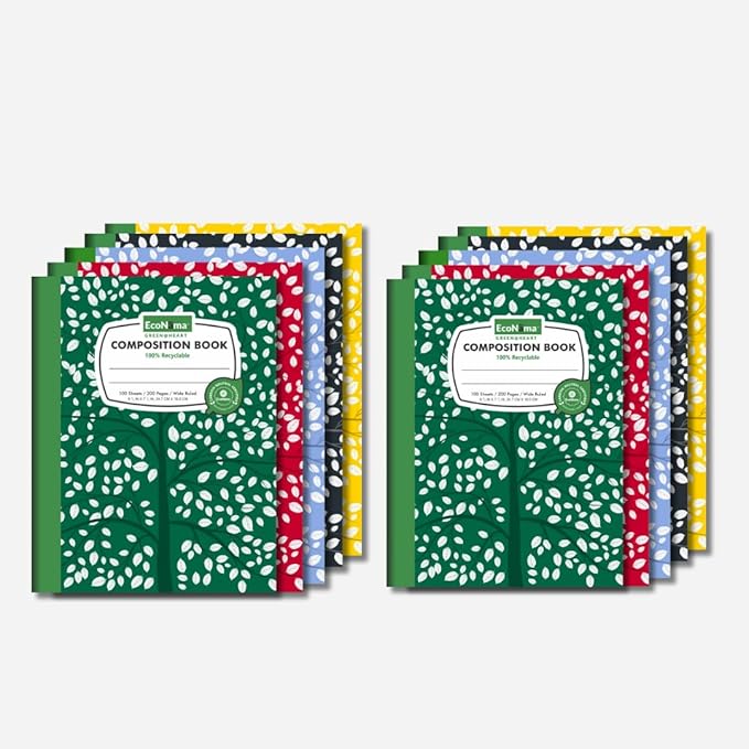 Composition Notebooks Pack of 10 Wide Ruled 200 Pages (100 Sheets) 9.75"x7.5" Carbon Neutral Recyclable Paper Eco-Friendly School & Office Supplies For Students and Professionals Assorted Color