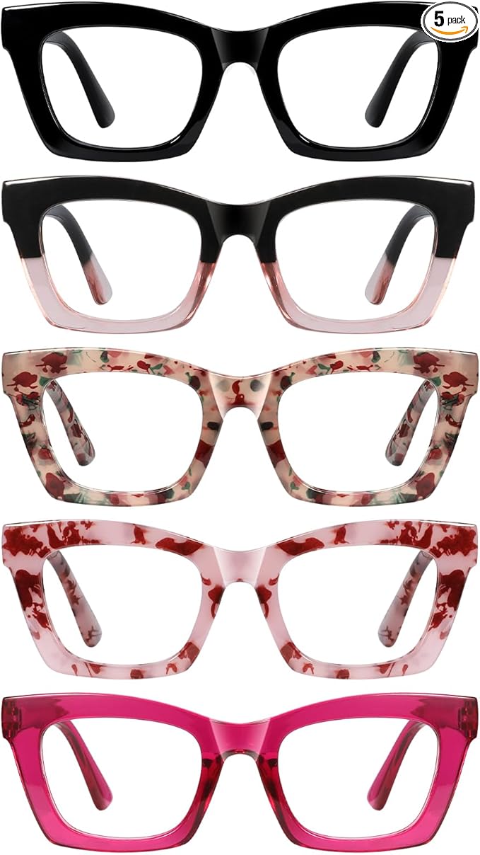 Reading Glasses for Women-5 Pack Blue Light Blocking Square Fashion Readers with Spring Hinge Computer Eyeglasses(Mix1, 0.00x)