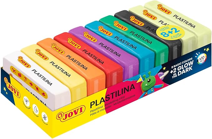 Jovi - Glow in The Dark, Non Drying Modeling Clay, Endlessly Reusable Plasticine, Set of 10 Bars (8 Basic Color + 2 Glow in The Dark), Each 1.75oz, for Arts and Crafts Projects