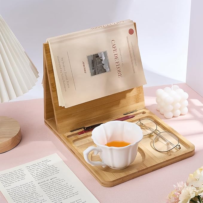 PH PandaHall Wooden Book Stand for Reading Rest Triangle Book Holder with Cup Pen Phone Glasses Organizer Foldable Reading Rest Rack for Book Lover Readers Office Bedroom Nightstand Desktop