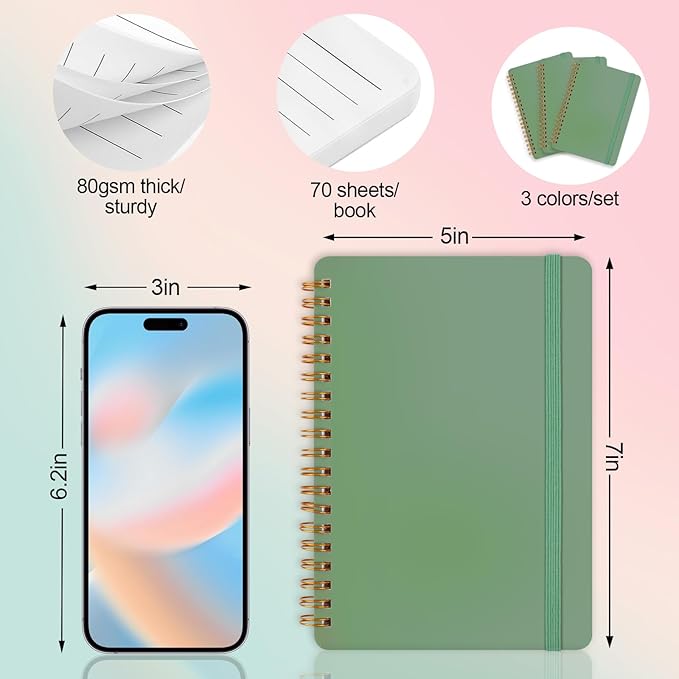Utron 3 PCS Small Spiral Notebook 5x7, Notebooks for Note Taking, Green Spiral Journal Notebook, Work Notebook Small Notebooks 5x7 with Strap, Cute Notebooks for Women 70 Sheets/Note Books (Pack of 2)
