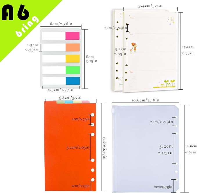 Rancco A6 Planner Inserts Weekly Planner Refills, 90 Pages Colorful 6-Ring Loose-leaf Paper Binder Inserts w/Divider, PVC Pouch, Ruler, Index Tab for Journal, Filofax, Double-sided, Undated, 6.9x3.7"