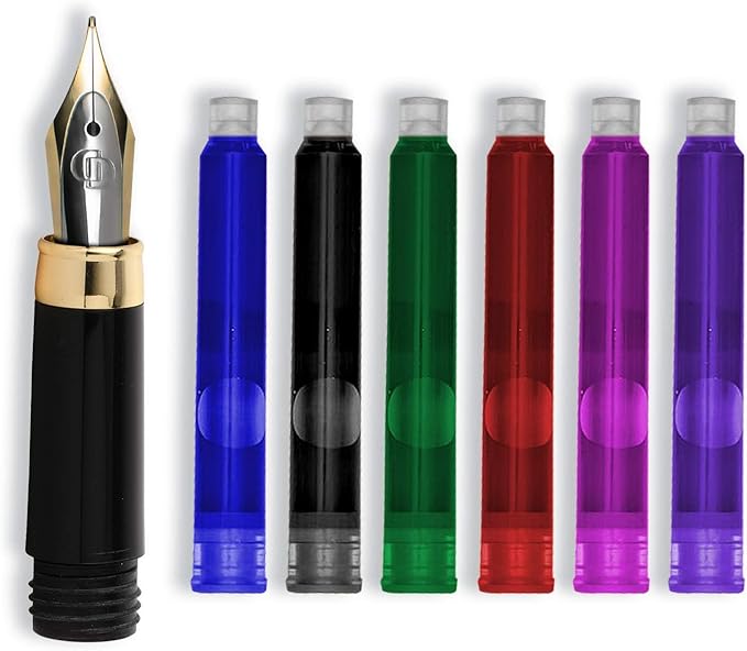 Dryden Designs Fountain Pen Ink Cartridges - Set of 24 Assorted Colors: Black, Blue, Green, Purple, Red, Pink - Short International Standard Size - Disposable and Generic Ink Refill Cartridges.