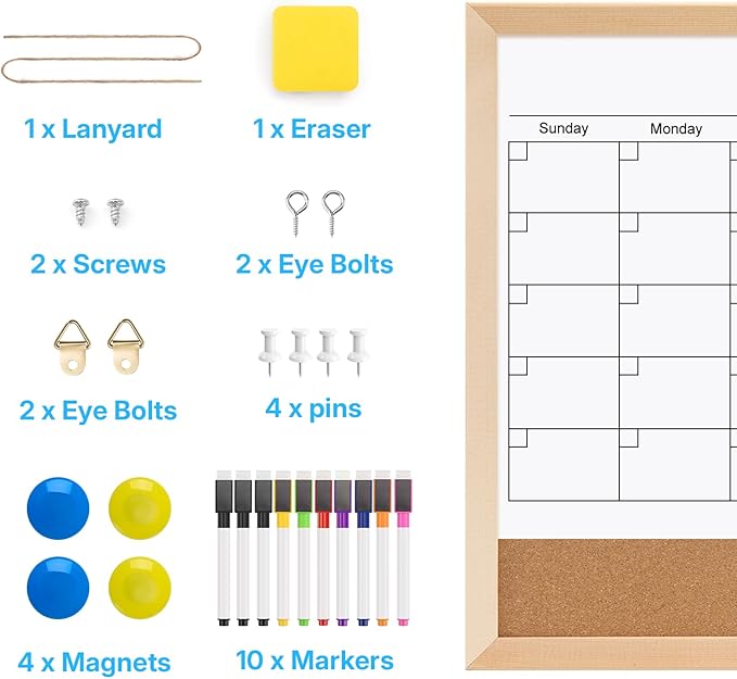 OWLKELA Monthly Dry Erase Calendar with Cork Board for Wall, 17 x 13 Magnetic Bulletin Whiteboard with Wood Frame for Office, Home, School, Kitchen