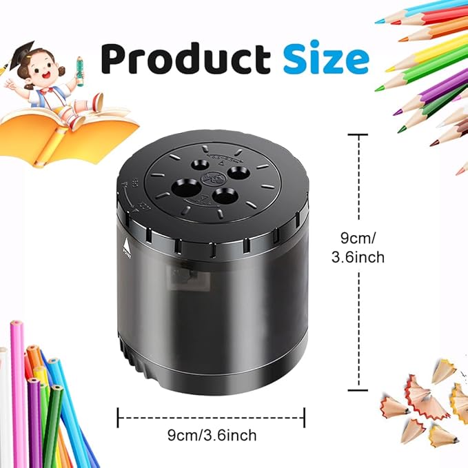 Heavy-Duty Electric Pencil Sharpener USB and Battery Power 4 Replacement Blades 4-Hole Adjustable for 6-12mm Art Pencils Large Capacity Automatic Pencil Sharpeners Black