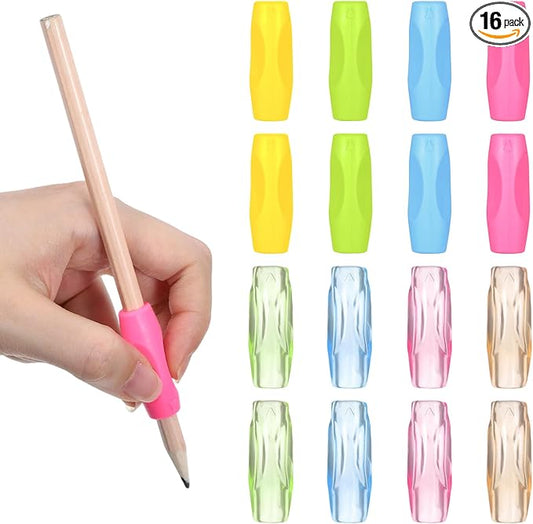 16PCS Silicone Grippers for Pencil with 3 Concaves, 8 Transparent and 8 Opaque Multicolour Comfort Grip for Pencil Pen Ergonomic Writing Aid for Adult Student Writing Drawing Stylus