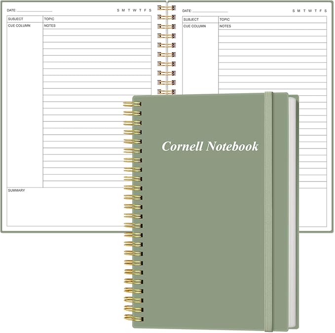 Yaridar A5 Cornell Notes Notebook - College Spiral Cornell Notebooks for Note Taking, Subject College Ruled Steno Pads for Office/School/Home, 5.8" x 8.5", Green