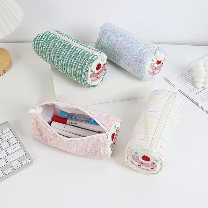 Cute Striped Pencil Case for Girls Large Capacity Aesthetic Pen Pouch with Zipper Stationery Organizer Bag for School Office Durable Pencil Box for Teens Students Women Kids (Cylinder-Blue)