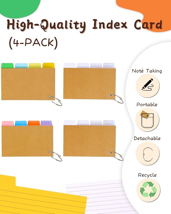 400PCS Tabbed Index Cards with Ring 3x5, Lined Colored Flash Card with Tabs, Assorted Colors Thicken Notecards School Supplies for Students Study Note Office Essentials (ColorA+ColorB+2White)
