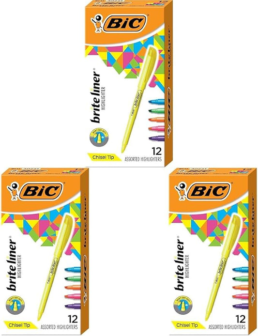 BIC Brite Liner Highlighters, Chisel Tip, 12-Count Pack of Highlighters Assorted Colors, Ideal Highlighter Set for Organizing and Coloring (Pack of 3)