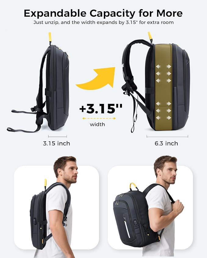 Slim Laptop Backpack for Men, 15.6 Inch Expandable Business Travel Backpack with USB Charging Port, 1.54Lbs Lightweight Work Computer Bag, 600D Waterproof Durable Backpack, Black