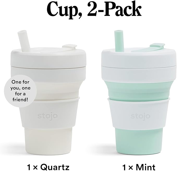 STOJO Collapsible Travel Cup Gift Set With Straw - 2-Pack, Mint Green & Quartz White, 16oz / 470ml - Reusable To-Go Pocket Size Silicone Cup for Hot and Cold Drinks - Microwave & Dishwasher Safe