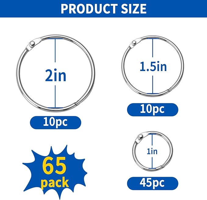 65 Pcs Binder Rings Assorted Sizes (1, 1.5 & 2 inch) - Nickel Plated Silver Metal Book Rings for Index Cards, Keychains, Loose Leaf Paper, Heavy Duty Binder Clips
