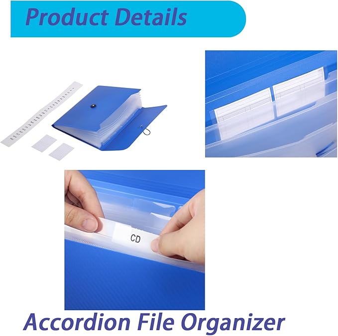A4 Paper Document Organizer Expanding File Folder with 13 Pockets Accordion File Holder with Tabs for Home School Office, Blue Plastic Material