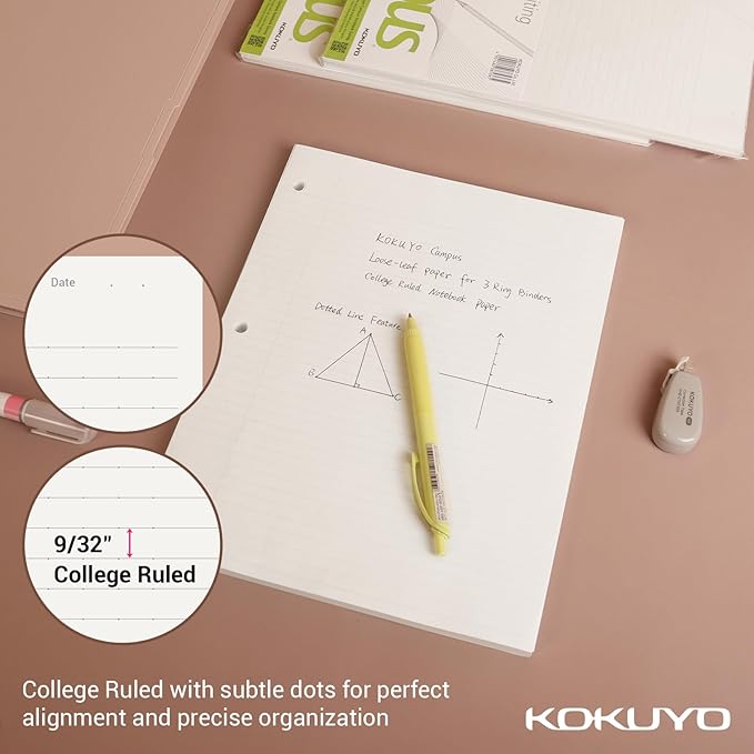 Kokuyo Campus Loose Leaf Paper for 3 Ring Binders, 11” x 8-1/4” Smooth Writing Lined Paper, 500 Sheets, 70 GSM, College Ruled, Bleeding-Resistance, School Suppliers, Made in Japan (WSG-NO-887G1x5)