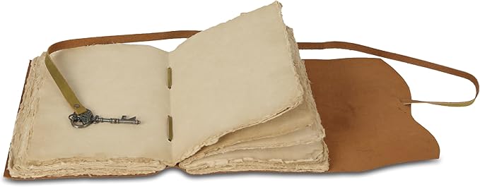 Leather Journal with Deckle Edge Paper 8x6 inch and Vintage Key | Handmade Writing Notebook Diary | Bound Daily Notepad for Men & Women Medium, Sketch/Writing pad for Artists