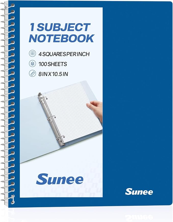 SUNEE Spiral Notebook, 1-Subject, Graph Ruled Paper, 8" x 10-1/2", 100 Sheets per Notebook, 3-Hole Punched Paper, Water Resistant Cover, Spiral Grid Notebooks for Work, Home, School, Dark Blue