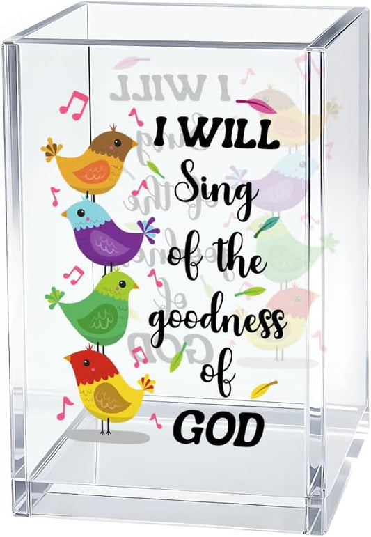 I Will Sing Of The Goodness Of God Pen Holder Makeup Organizer, Funny Bird Christian Pencil Pen Holder for Desk, Musical Notes Desk Accessories Bible Verse Pencil Cup, Religious Gifts Organizer