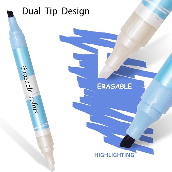 Erasable Highlighters, Dual Tip Bible Highlighters Erasable,Aesthetic Highlighter Assorted Colors,Cute Pastel Highlighter No Bleed Through for School,Journaling,Office,6 Pack Large Capacity