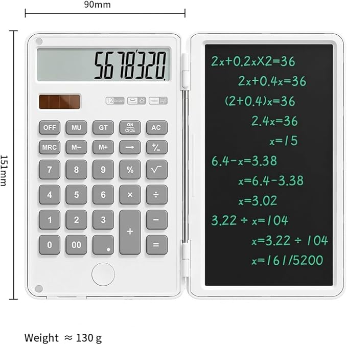 Calculator with Writing Pad,12-Digit LCD Display, Dual Power Solar + Coin Cell,1-Yr Battery Life Silicone Keys for Comfort Lightweight Portable for Students/Engineers/Professionals (White)