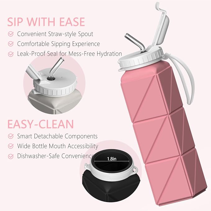 BEAUTAIL Collapsible Water Bottles with Straw 21 oz, Travel Water Bottle | BPA Free, Leakproof & Reusable, Silicone Foldable Water Bottle for Traveling, Hiking, School, Sports, Outdoor, 1-Pack, Pink