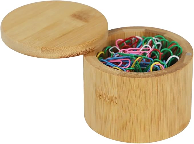 Mulitbey Bamboo Paper Clip Holder with Swivel Lid – Natural Wood Desk Organizer for Paper Clips, Binder Clips | Wooden Paper Clip Dispenser Organizer Holder for Desk Office Supply Storage