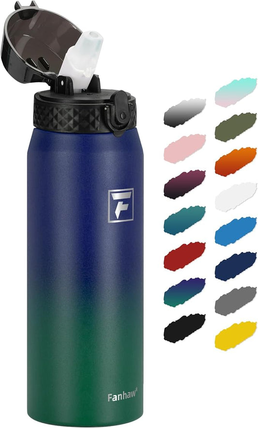 Fanhaw 24 Oz Kids Insulated Stainless Steel Water Bottle with Straw Lid, Leakproof & Anti-Dust Everyday Use Bottle for School, Women & Men, Back to School Essentials (Purple Green)
