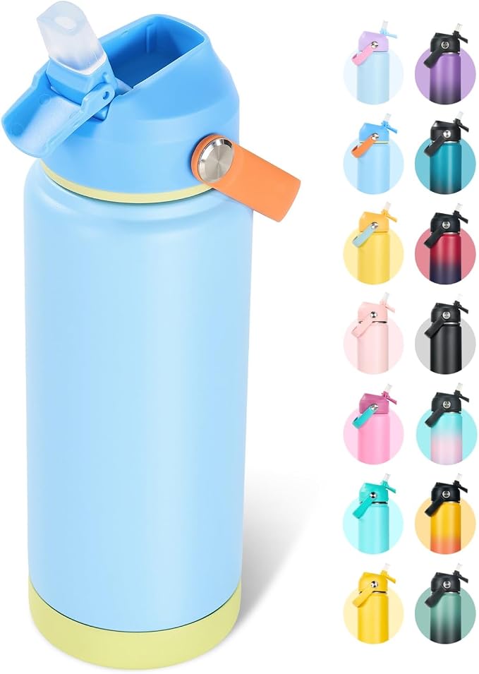Fijinhom 24oz Insulated Stainless Steel Water Bottle, Wide Mouth Double Wall Vacuum, Silicone Straw, Sweat & Leak Proof, BPA Free Insulated Water Flask for Travel, Keep Cold 24h Hot 12h, Cerulean