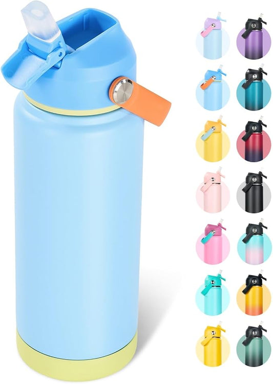 Fijinhom 24oz Insulated Stainless Steel Water Bottle, Wide Mouth Double Wall Vacuum, Silicone Straw, Sweat & Leak Proof, BPA Free Insulated Water Flask for Travel, Keep Cold 24h Hot 12h, Cerulean
