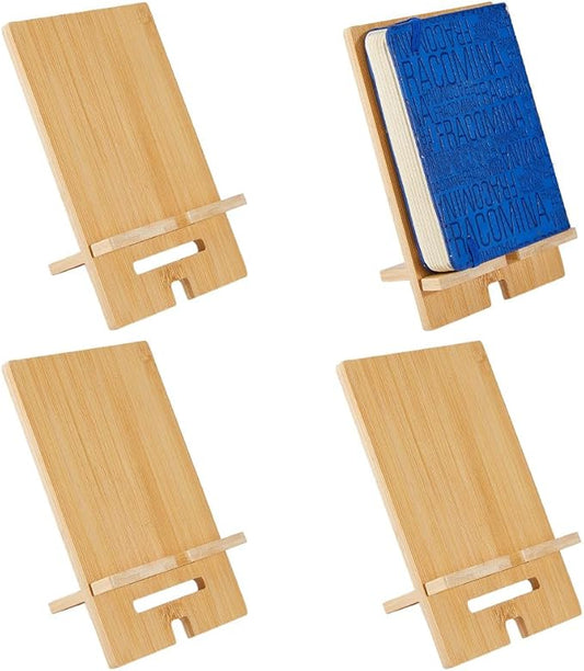 DICOSMETIC 4Pcs Bamboo Book Stand Wooden Desktop Book Holder Small Tabletop Book Rack Wood Easel Stand with Charging Hole for Smartphone Tablet Office Home Living Room