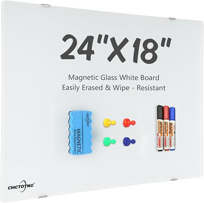 24" x18'' Magnetic Glass Whiteboard, Frameless Wall Mounted Dry Erase Board, Anti Ghosting Scratch Resistant Glass Board for Home Office Classroom with Complete Mounting Accessories