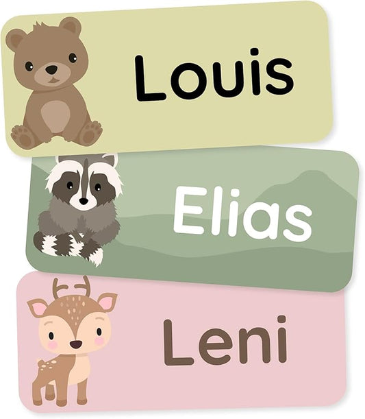 Personalized Name Labels for Kids (180) – Custom Waterproof & Durable Stickers for Clothing, Daycare, Office & School Supplies - Forest Animals