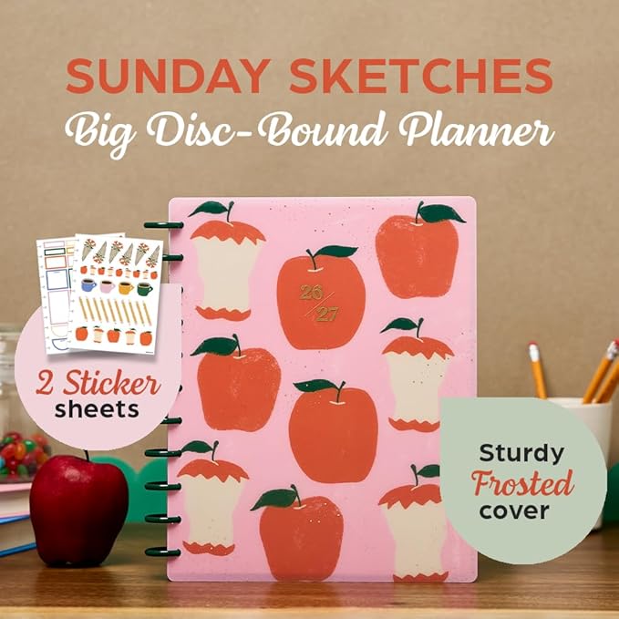 Happy Planner Disc-Bound 12-Month July 2026–June 2027 Academic Planner with 3 Extra Months, Big Size, 8.5" x 11", Teacher Layout, Sunday Sketches