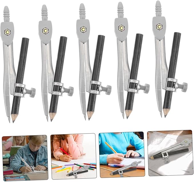 Uonlytech 5Pcs Geometry Compass Set Portable Math Compasses for Students Drafting and Circle Drawing Tools Precision Compass Kit for Classroom and Home Use