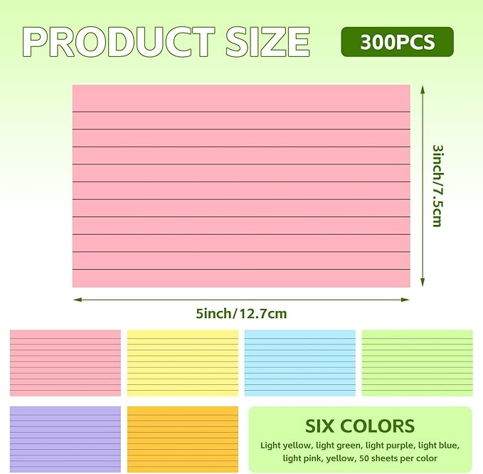 Tecmisse 300PCS 3x5 Index Cards Colored, Ruled Index Cards Colorful, Lined Flash Cards for Studying, Heavy Note Cards for Office, Home and School