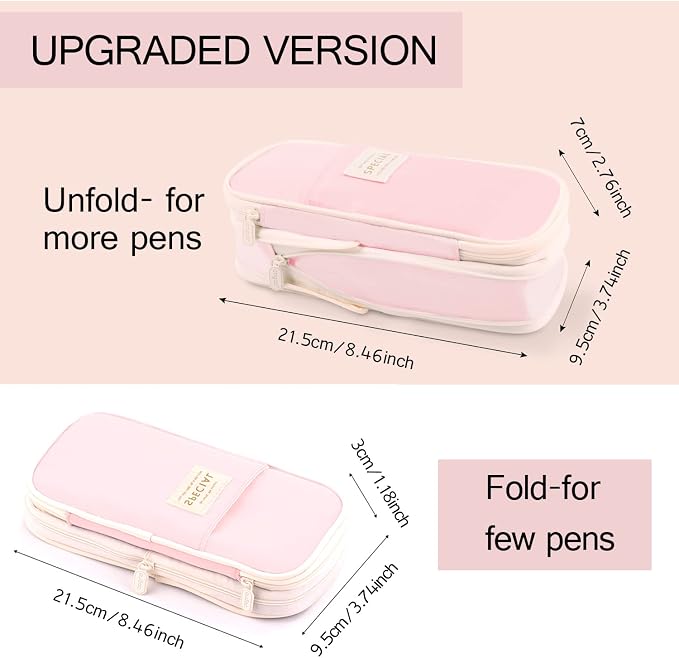 MAMUNU Expandable Pencil case with compartments, Large Capacity Pencil Cases Pencil Bag Pouch Office School, Portable Pencil Case Large School Stationery Organizer, Makeup Cosmetic Bag, Pink