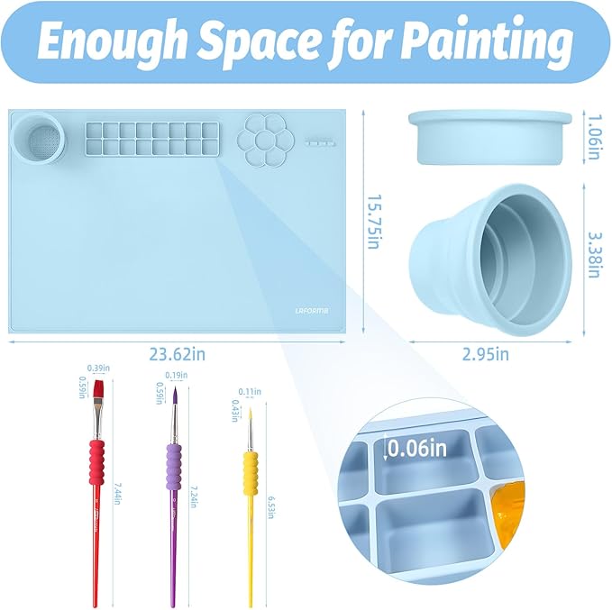 Silicone Painting Mat, 23.6 x 15.8in Art Mat with 3 Brushes, Painting Station Mats with Cup and Palette, Craft Mats to Protect Table for Kid, Clay Sheet for Watercolor, Resin DIY (Blue)