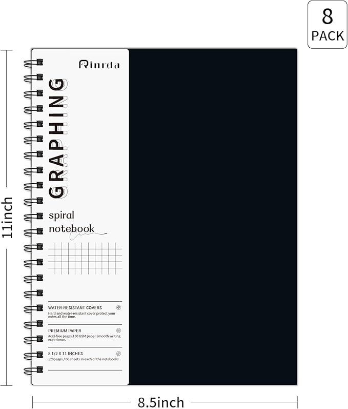 Graph Paper Notebook Spiral Notebook 8.5" x 11" 8 Pack Grid Paper Notebook Graph notebook Engineering notebook 120 Pages 100 GSM Thick Graphing Paper Notebook Hardcover Journal for School