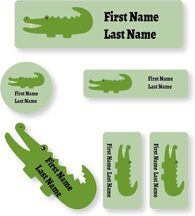 Personalized Kids Name Labels – Waterproof Custom Stickers for Daycare & School, Dishwasher & Laundry Safe (Crocodile - Light Green)