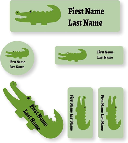 Personalized Kids Name Labels – Waterproof Custom Stickers for Daycare & School, Dishwasher & Laundry Safe (Crocodile - Light Green)