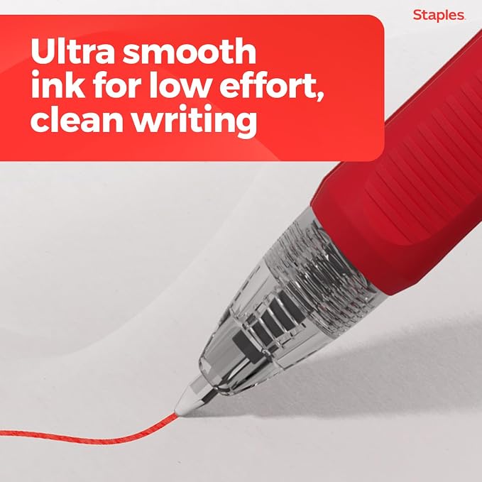Staples Retractable Gel Pens, Fine Point, Red Ink, 12-Pack | Smooth, quick-dry writing for notes, editing, and everyday office use.